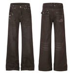 Women's High Street Embroidered Pocket Washed Distressed Cat Whisker Micro Flare Denim Jeans