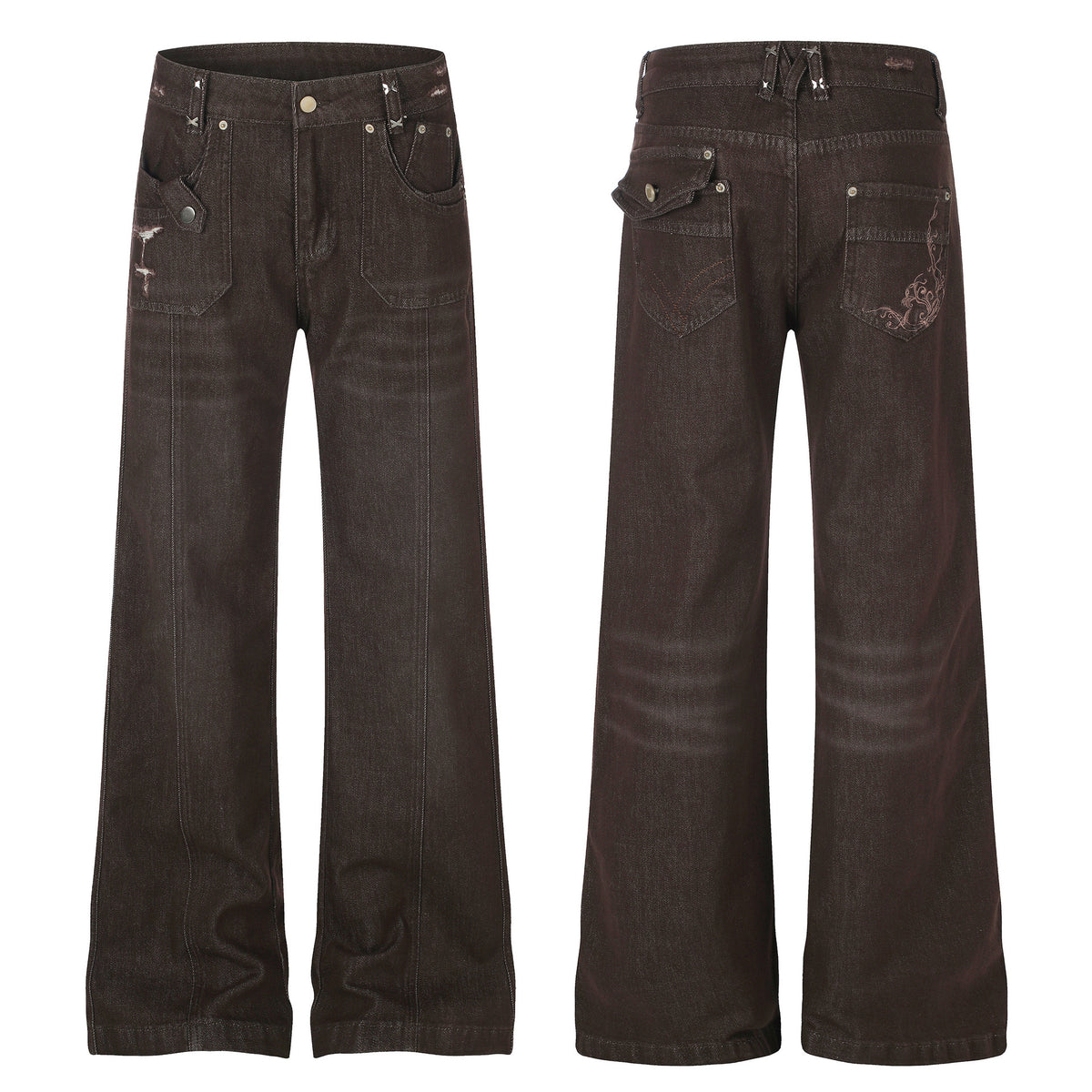 Women's High Street Embroidered Pocket Washed Distressed Cat Whisker Micro Flare Denim Jeans