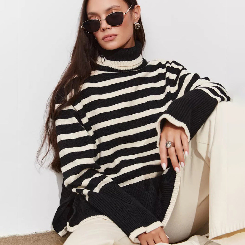 High Neck Stripe Knitwear Women's Top