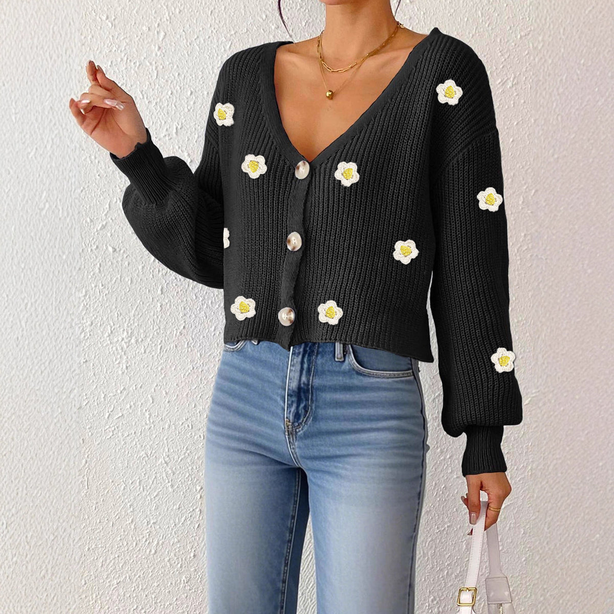 Cardigan for Women with Hand-Crocheted 3D Flower Splicing, Loose Long Sleeve Short Coat