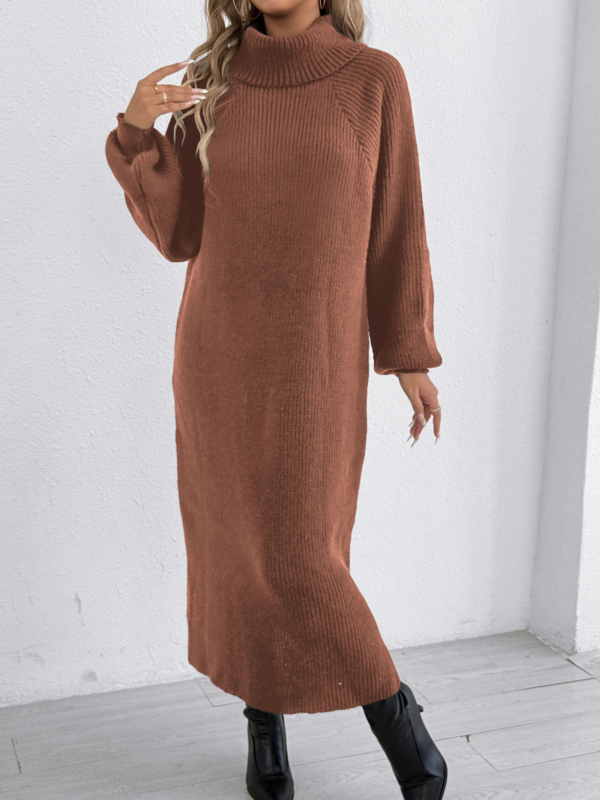 Vestido largo tipo jersey para mujer, holgado y casual, con cuello alto o vuelto, sin cinturón