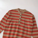Button up stand up collar long sleeved striped knitted sweater for women