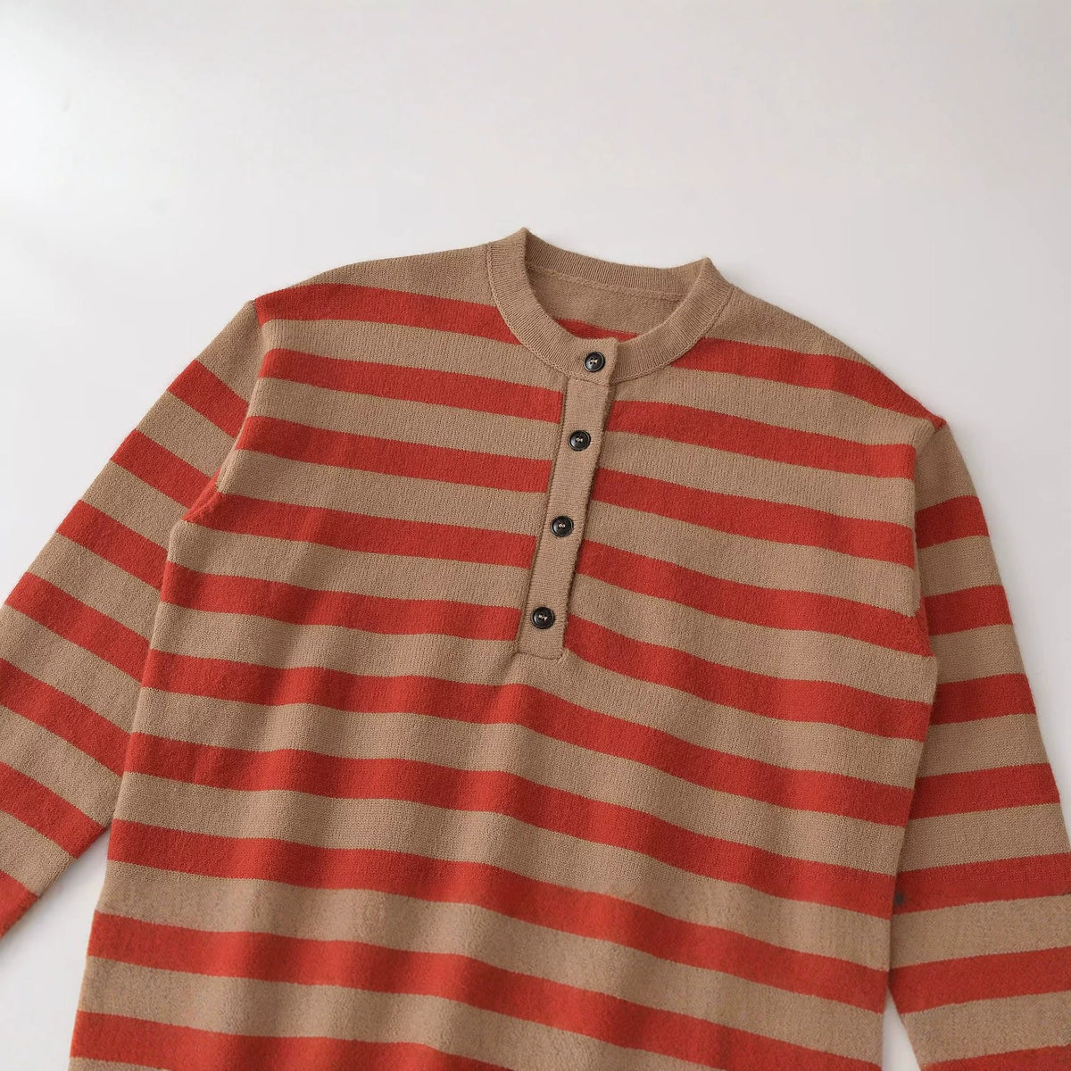 Button up stand up collar long sleeved striped knitted sweater for women