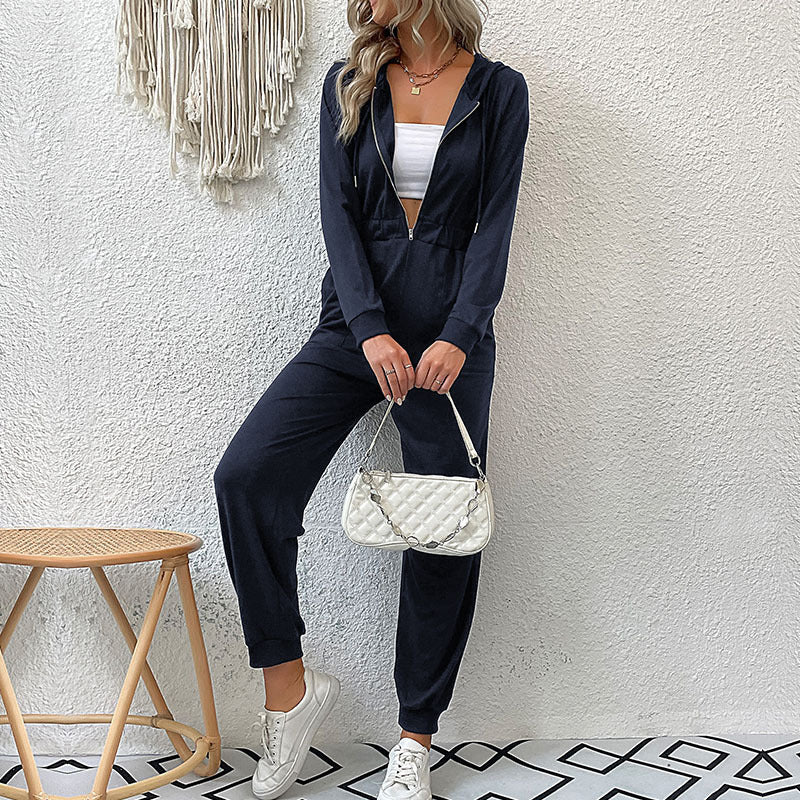 Mono casual liso para mujer de estilo utilitario con capucha, manga larga y apertura frontal