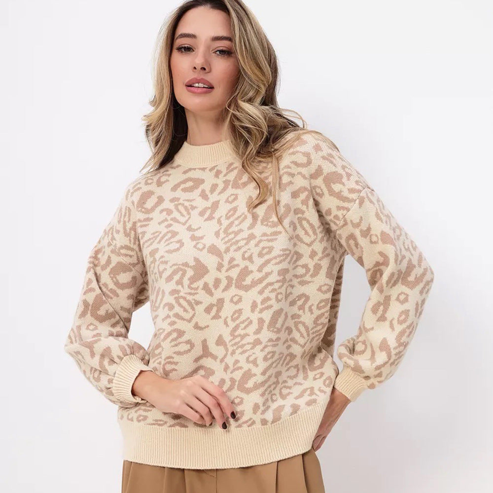 Leopard Print Sweater Women Loose Lantern Sleeve Round Neck Knit Top