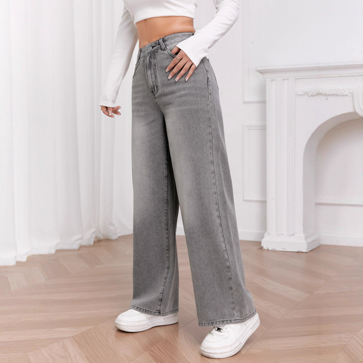 Washed Sky Gray High-Waisted Wide-Leg Denim Pants for Women
