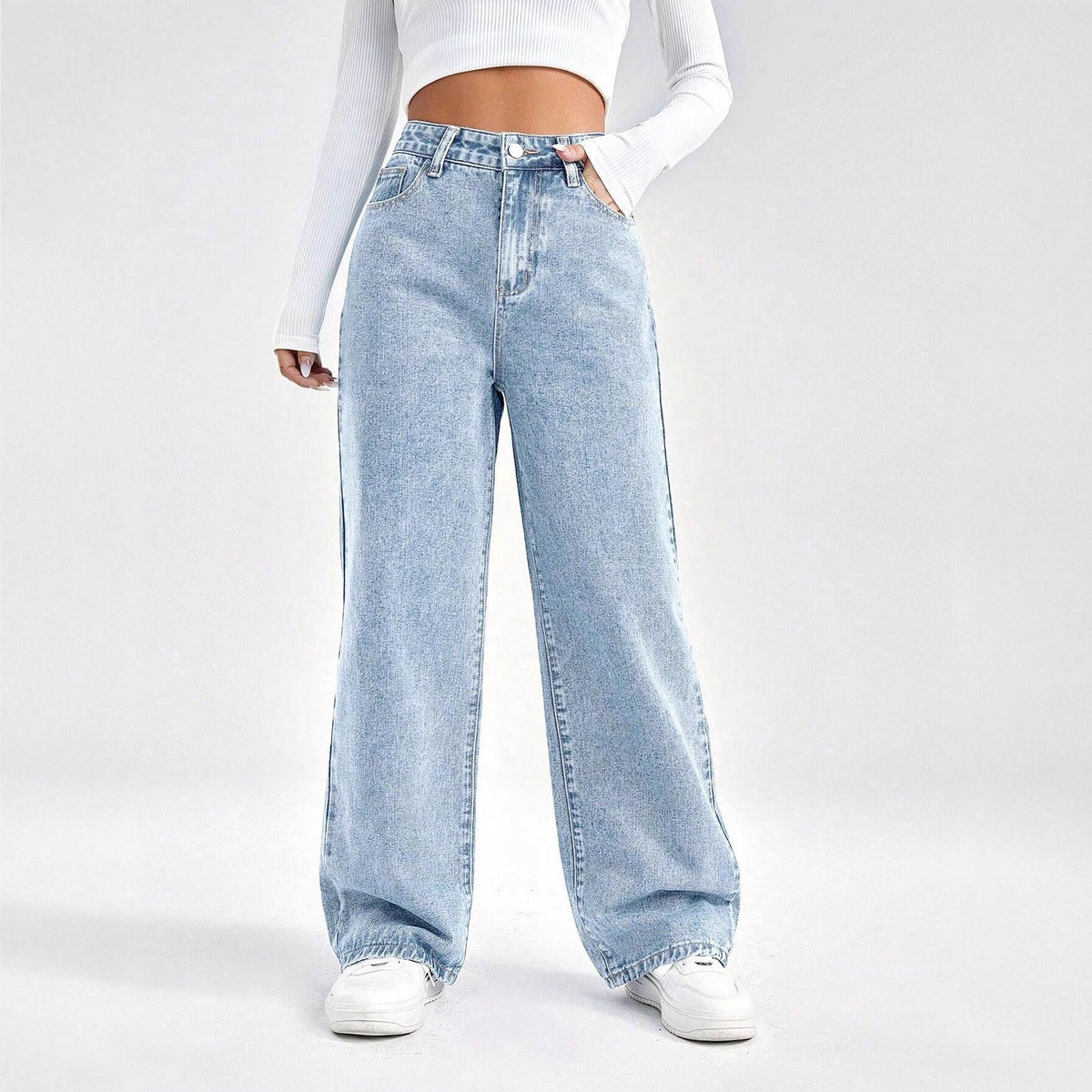 Denim pants women gray washed high waist loose wide leg jeans