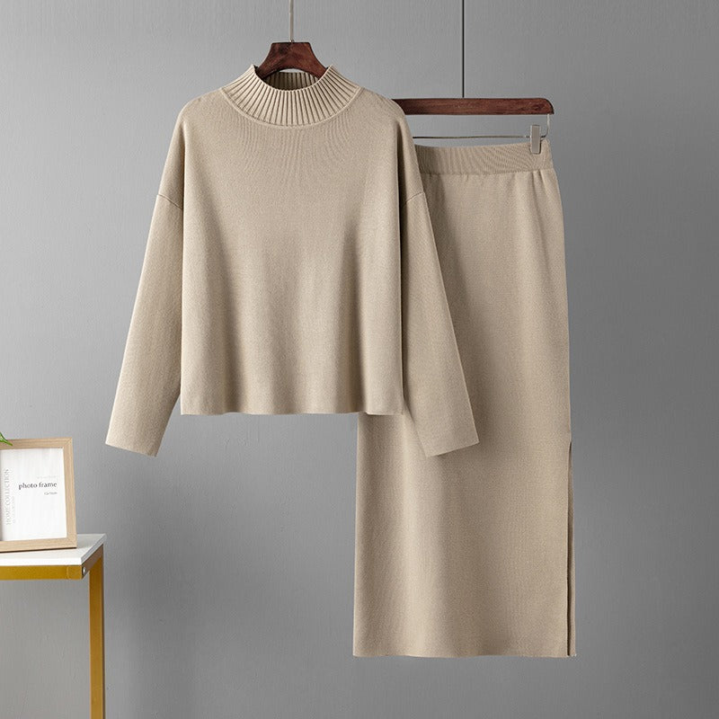Conjunto de punto de dos piezas para mujer con jersey de cuello alto y falda larga recta, abrigado para invierno.