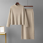 Conjunto de punto de dos piezas para mujer con jersey de cuello alto y falda larga recta, abrigado para invierno.