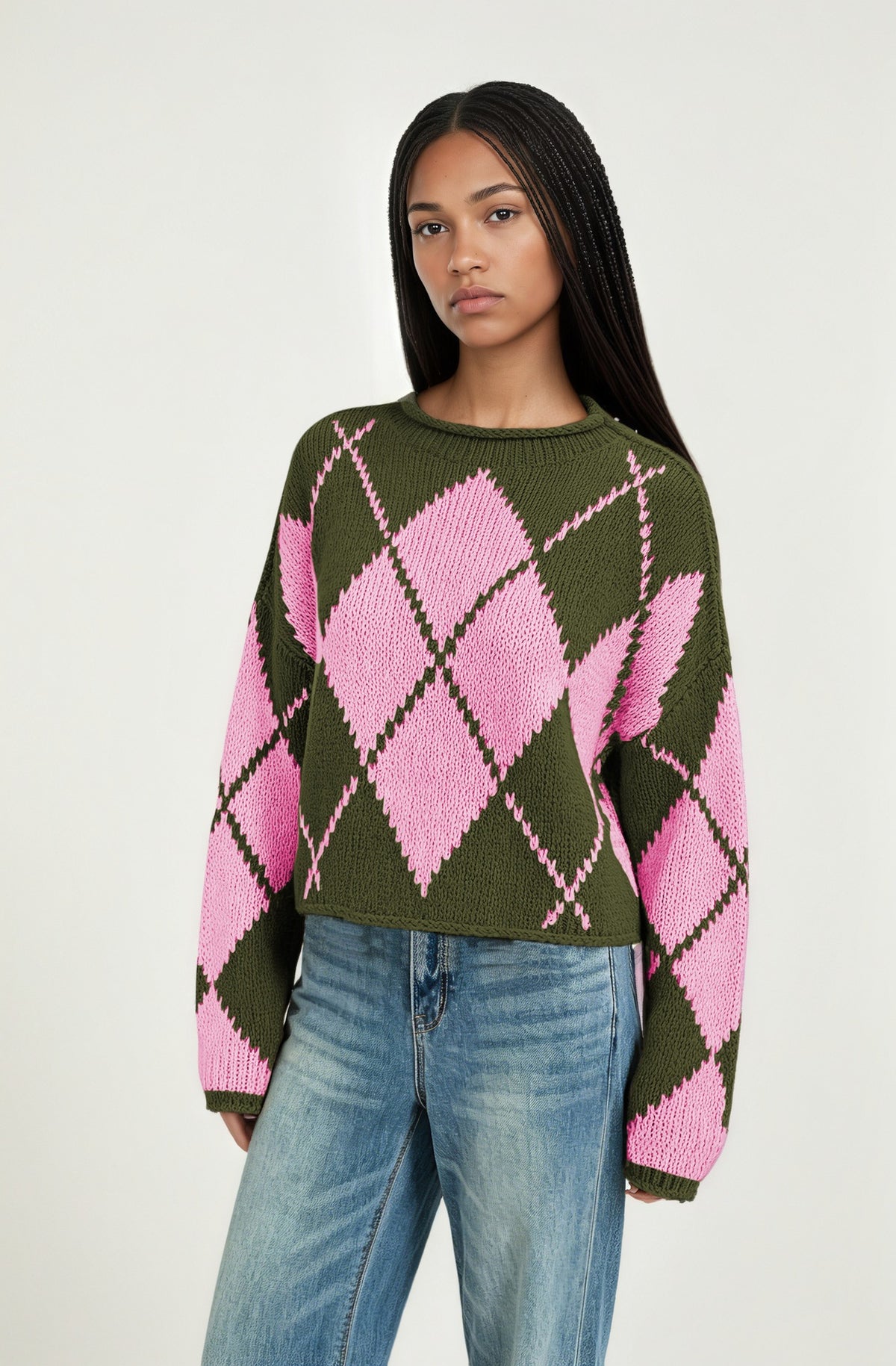 Jersey holgado de rombos para mujer con cuello redondo y manga larga