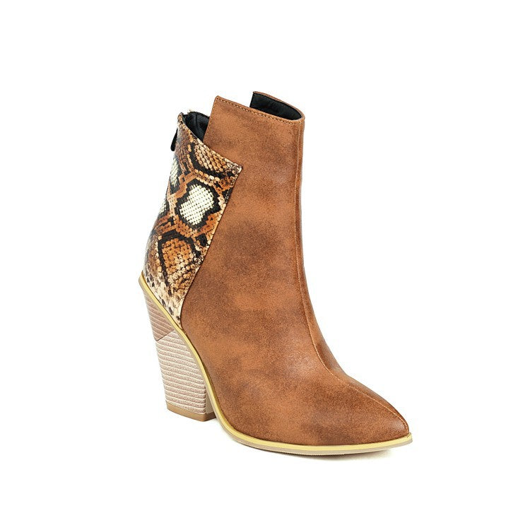 Botines para mujer con punta fina, colores en contraste, tacón alto ancho y cremallera trasera