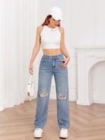 Washed Distressed Non-Stretch Straight Leg Jeans for Women