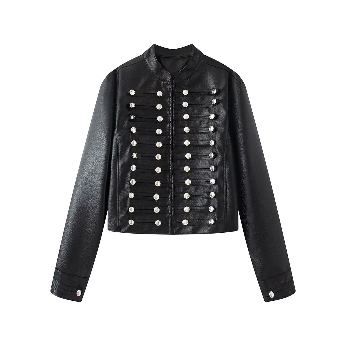 Casual knot button decoration Napoleon imitation leather jacket for women