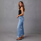 Flared Leg Fringe Washed Tie-Dye Ripped High Waist Jeans Straight Leg Casual Long Pants Women