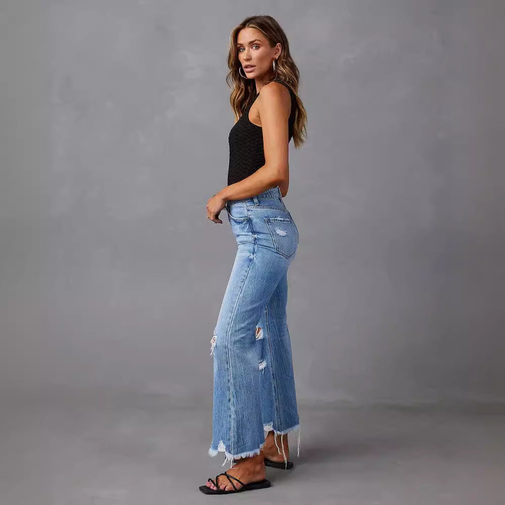 Flared Leg Fringe Washed Tie-Dye Ripped High Waist Jeans Straight Leg Casual Long Pants Women