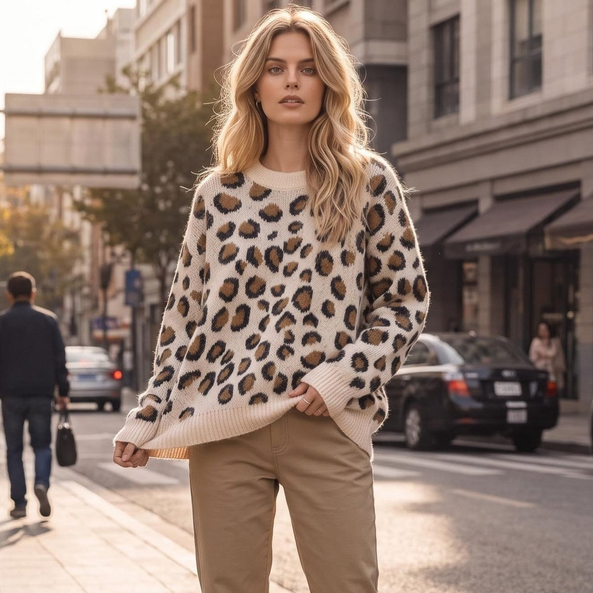 Jersey de manga larga con cuello redondo y estampado de leopardo