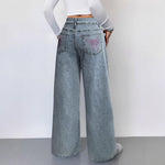 Loose High-Waisted Wide-Leg Jeans with Pink Bow Embroidery on Back Pocket