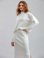Conjunto de punto de dos piezas para mujer con jersey de cuello alto y falda larga recta, abrigado para invierno.