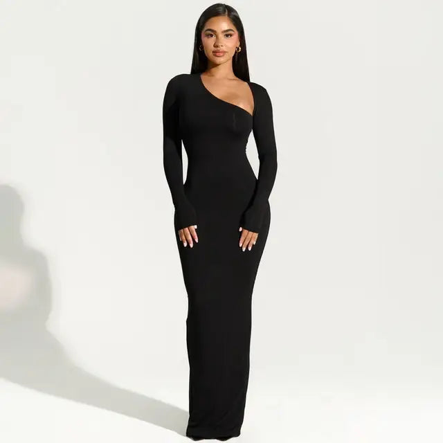 Vestido largo negro de fiesta para mujer, asimétrico, de manga larga y con abertura