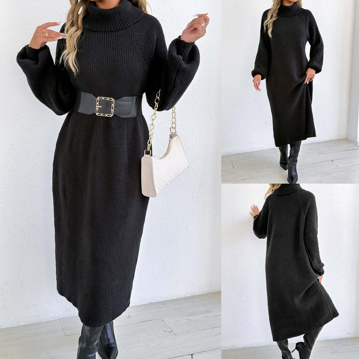 Vestido largo tipo jersey para mujer, holgado y casual, con cuello alto o vuelto, sin cinturón