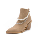 Botines para mujer con punta fina, tacón ancho de 8 cm y adorno de cadena, para otoño e invierno