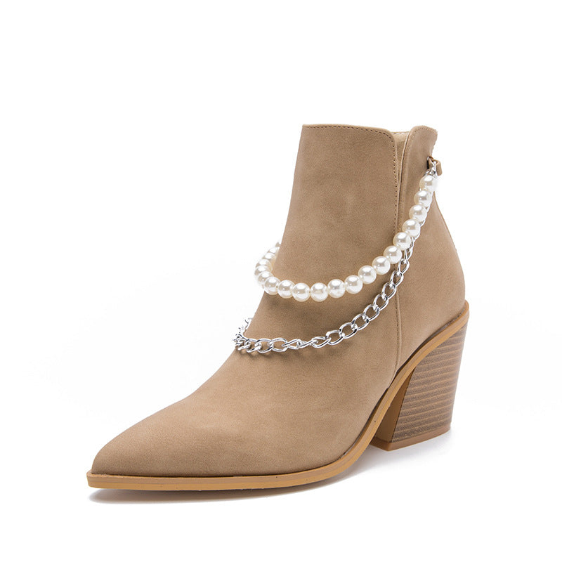 Botines para mujer con punta fina, tacón ancho de 8 cm y adorno de cadena, para otoño e invierno