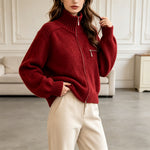 Western Style Knitted Zip Front Stand Collar Cropped Cardigan for Women
