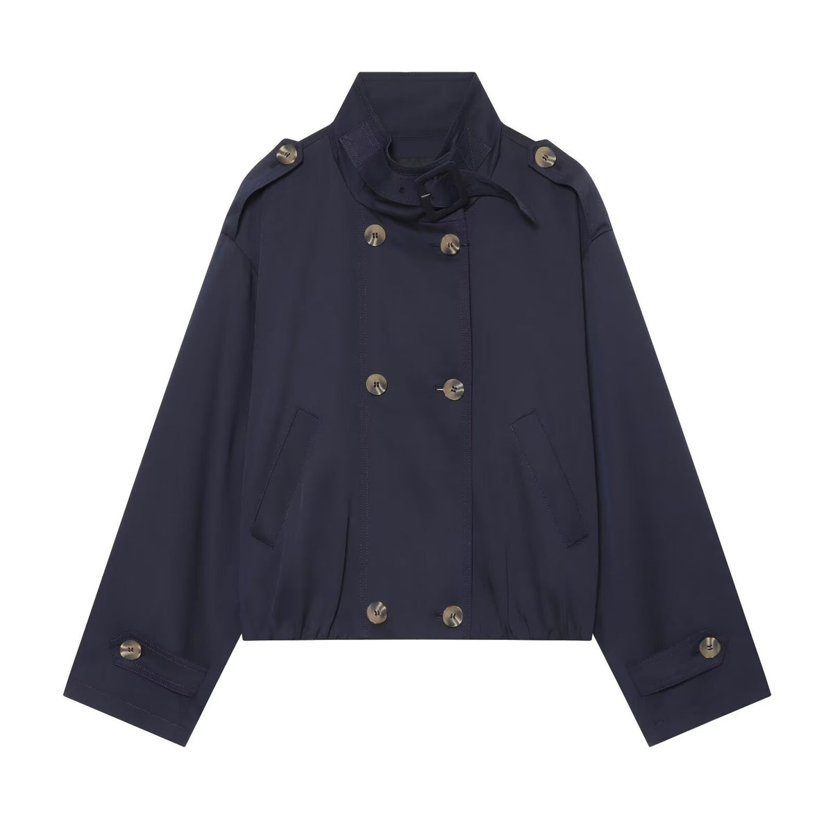 Loose double breasted shoulder strap stand up collar trench coat for women