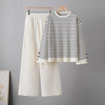 Conjunto de dos piezas para mujer con top de rayas y pantalón de pernera ancha
