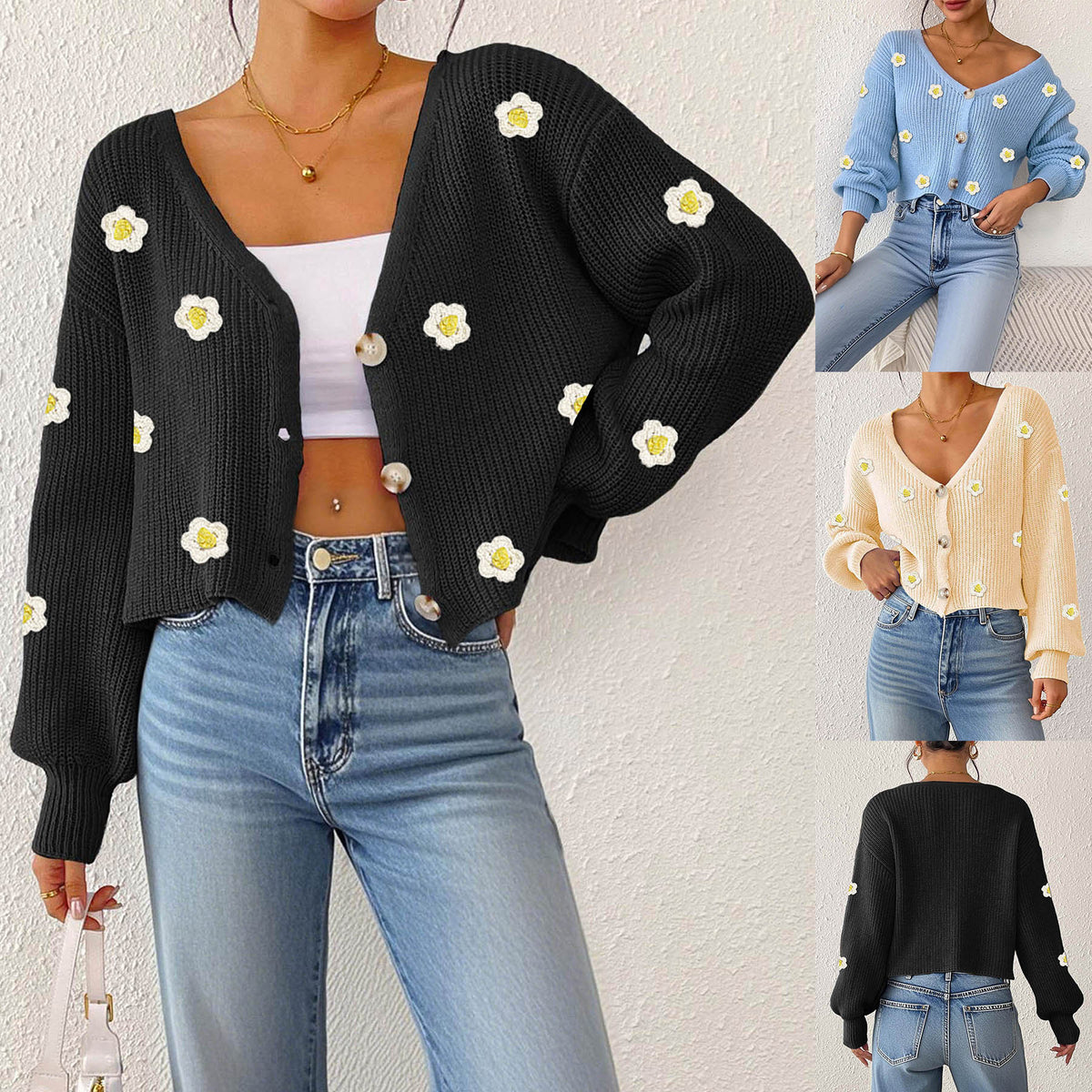 Cardigan for Women with Hand-Crocheted 3D Flower Splicing, Loose Long Sleeve Short Coat