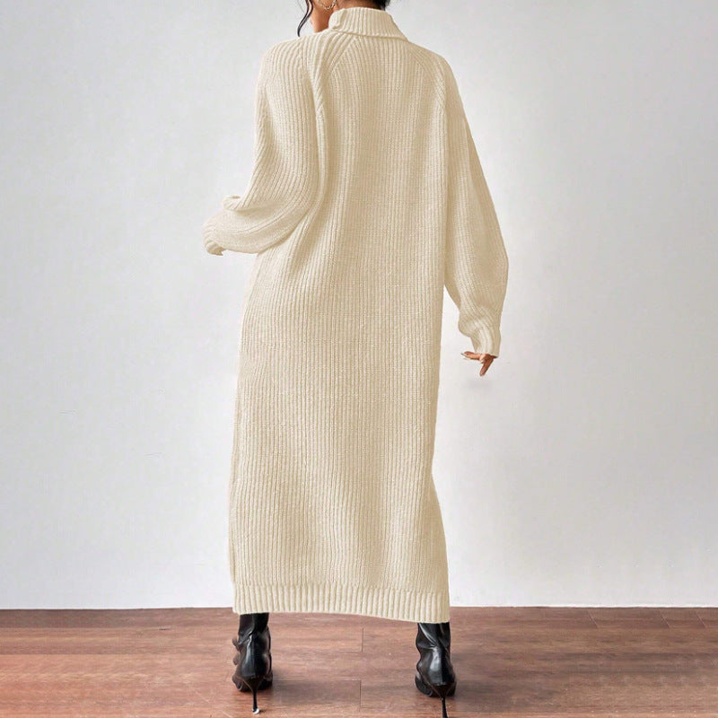 Vestido largo de punto liso para mujer con manga larga y cuello alto