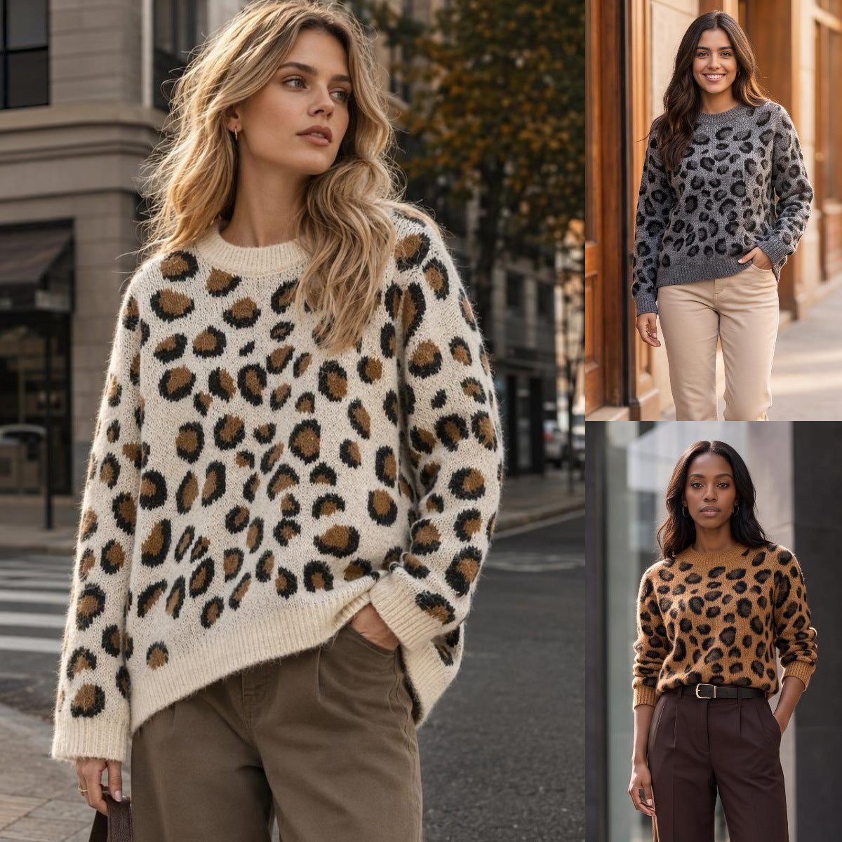 Jersey de manga larga con cuello redondo y estampado de leopardo