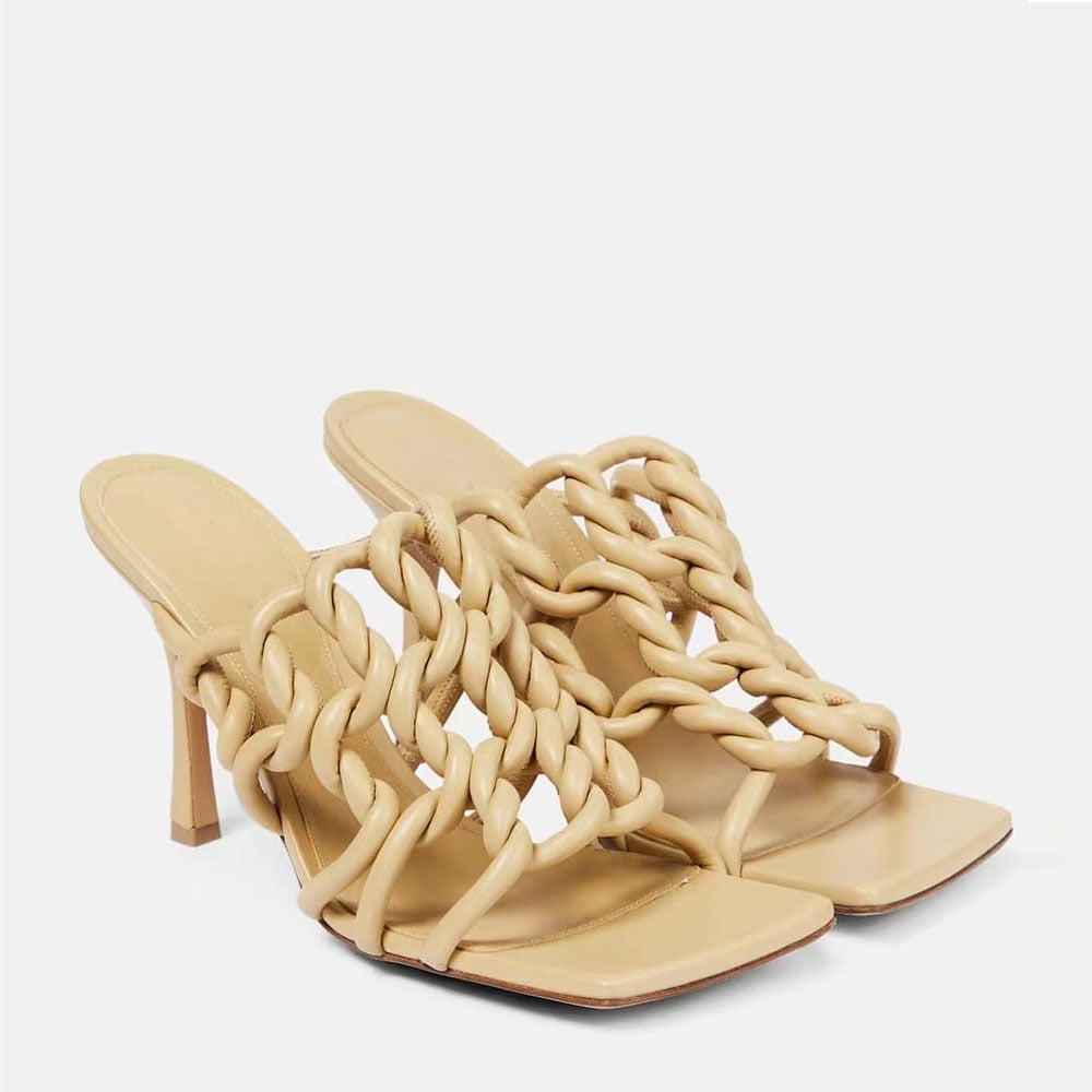 Sandalias trenzadas para mujer con punta cuadrada, tiras cruzadas y tacón alto