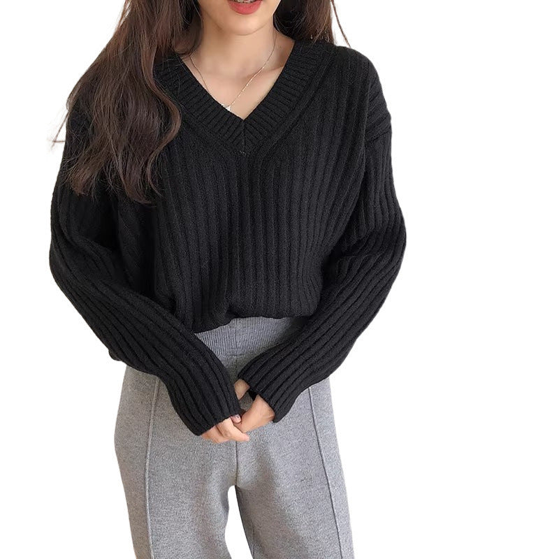 Retro V-Neck Pullover Sweater for Women,New Loose Soft Knitwear Top
