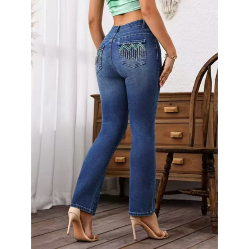 Classic Stretch Denim Jeans Women, Embroidered Blue Denim Cotton, Fashion Style, High Waist, Elastic Waistband, Casual Wear
