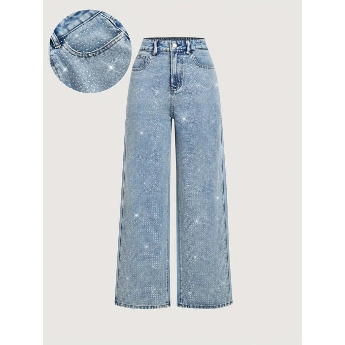 Crisp denim jeans, fashion rhinestone embellished high waist loose casual straight leg jeans