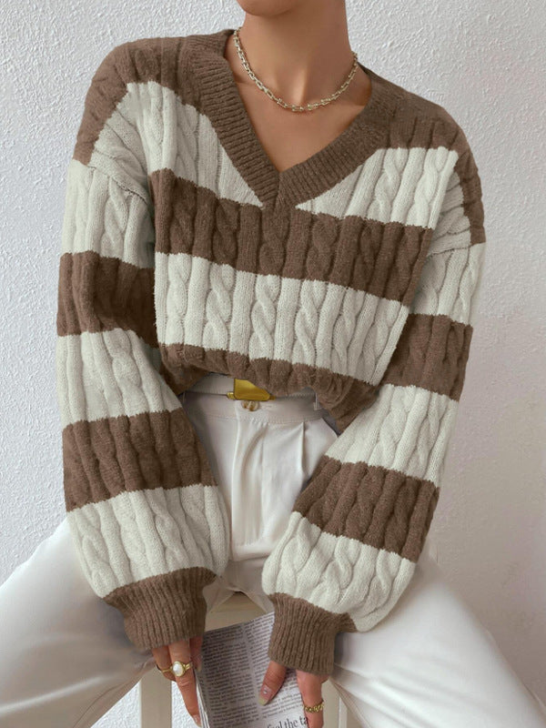 Autumn Winter Knitwear Fashion Vintage Striped Color-block Sweater Loose Casual Versatile Top