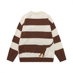 Color blocking striped cartoon dog round neck sweater