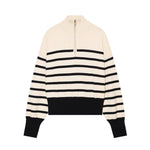 Zipper stand collar long sleeved pullover striped knit sweater for women
