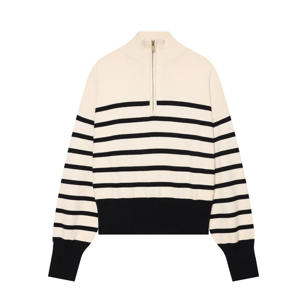 Zipper stand collar long sleeved pullover striped knit sweater for women