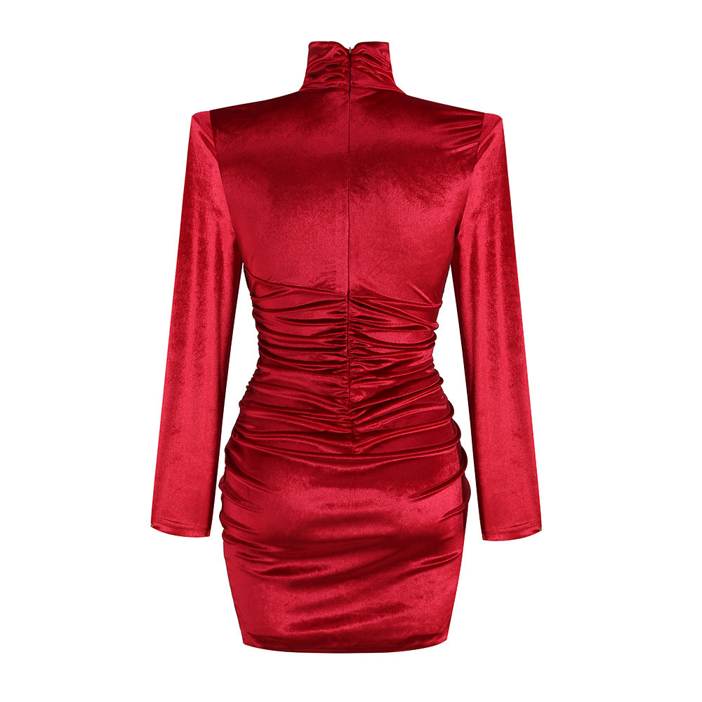 Vestido elegante de fiesta de franela, ajustado y plisado, con cuello alto y manga larga