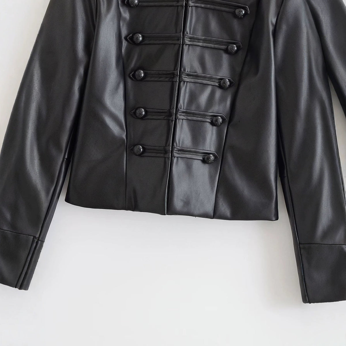 Simple knot and buckle decoration faux leather jacket for women