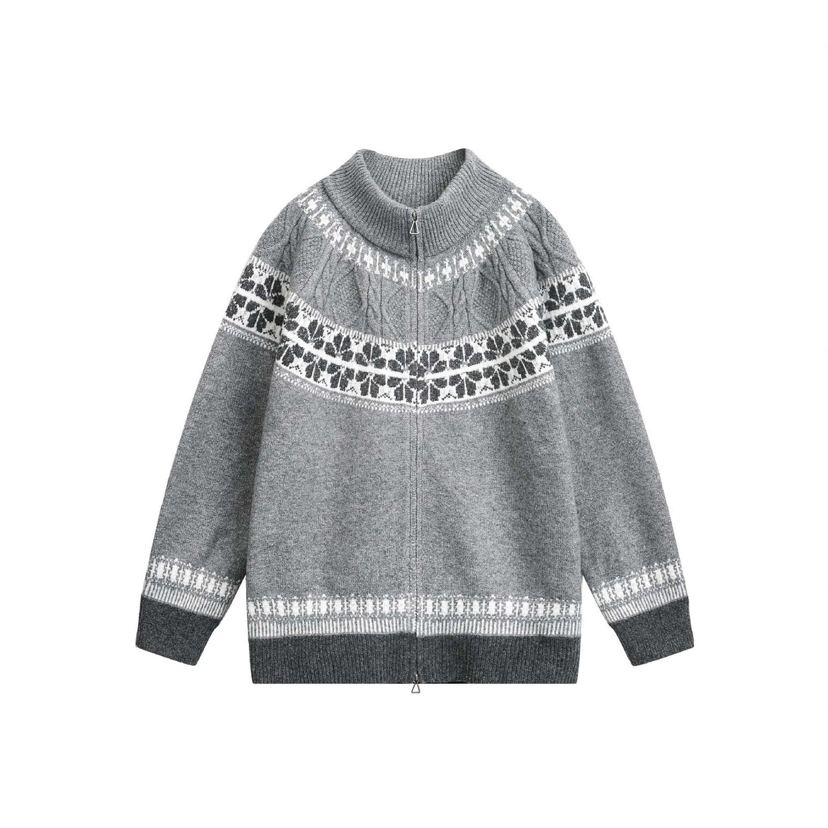 Fair Isle Knit Loose Boho Zip-Up Cardigan Sweater Coat