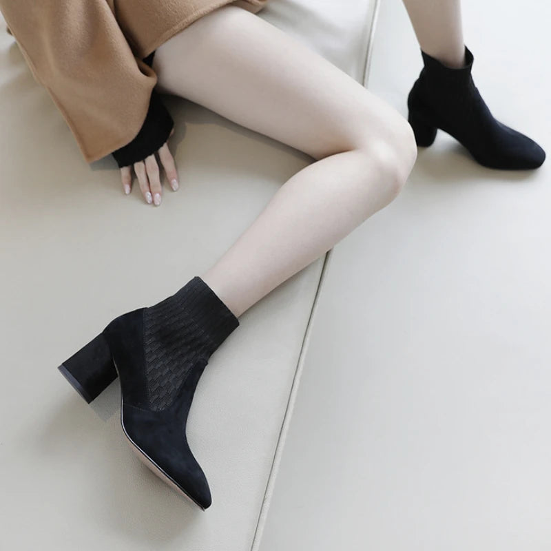 Botines para mujer con plataforma, tacón ancho y punta cuadrada, sin cordones