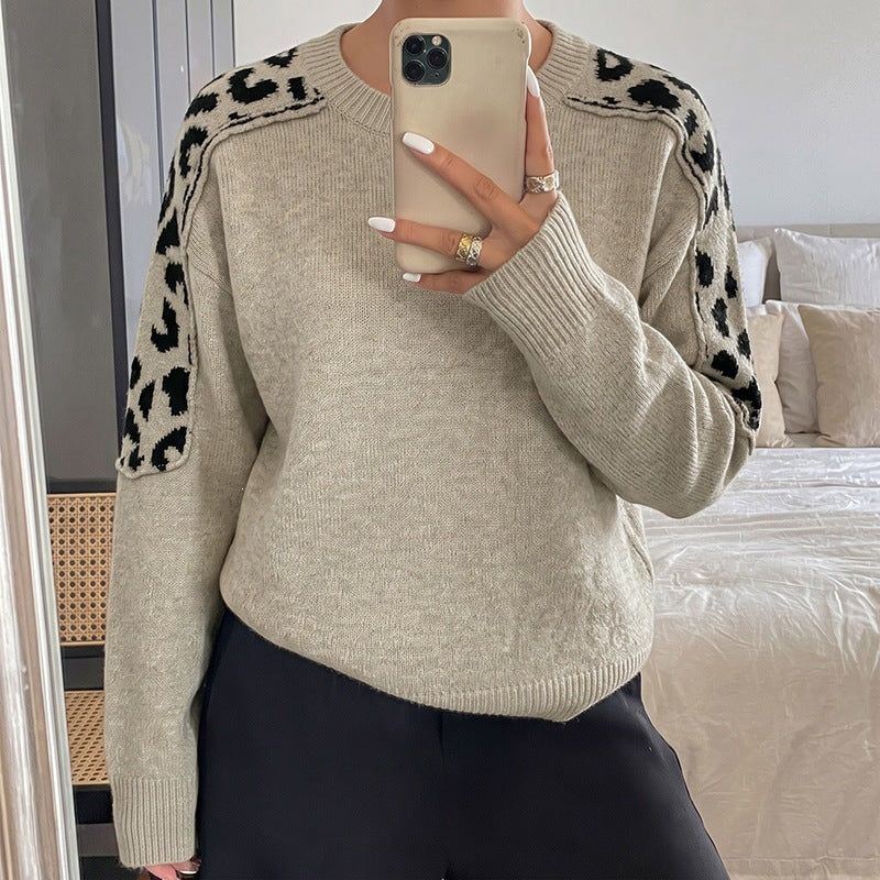 Leopard print spliced pullover sweater