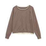 Double layered round neck long sleeved solid color pullover knitted sweater for women