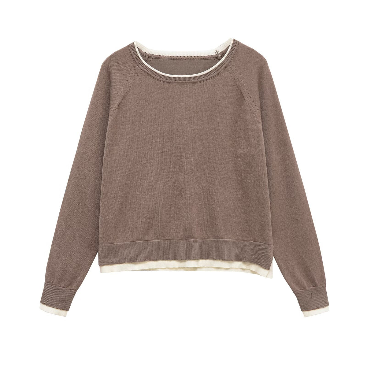 Double layered round neck long sleeved solid color pullover knitted sweater for women