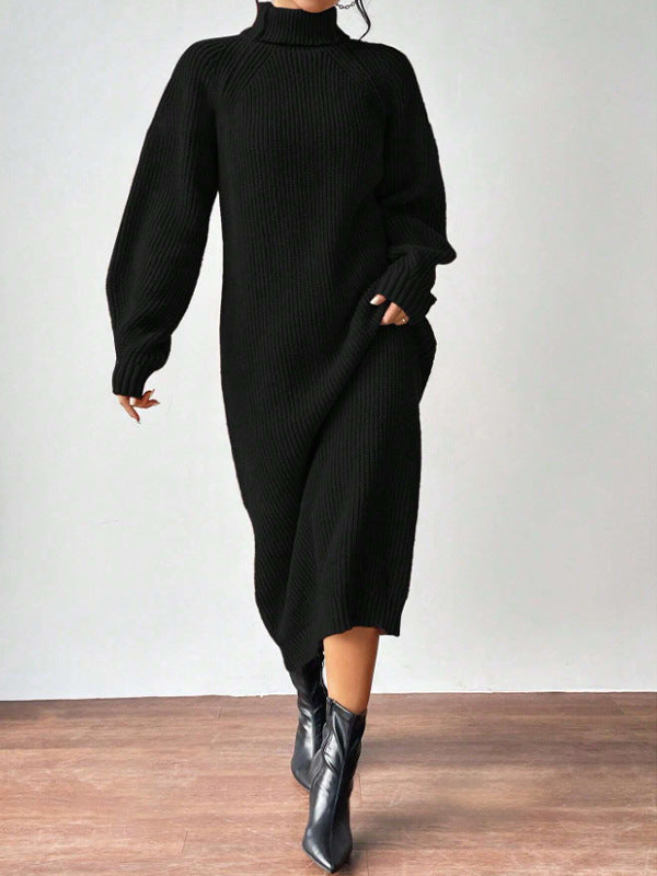 Vestido largo de punto liso para mujer con manga larga y cuello alto