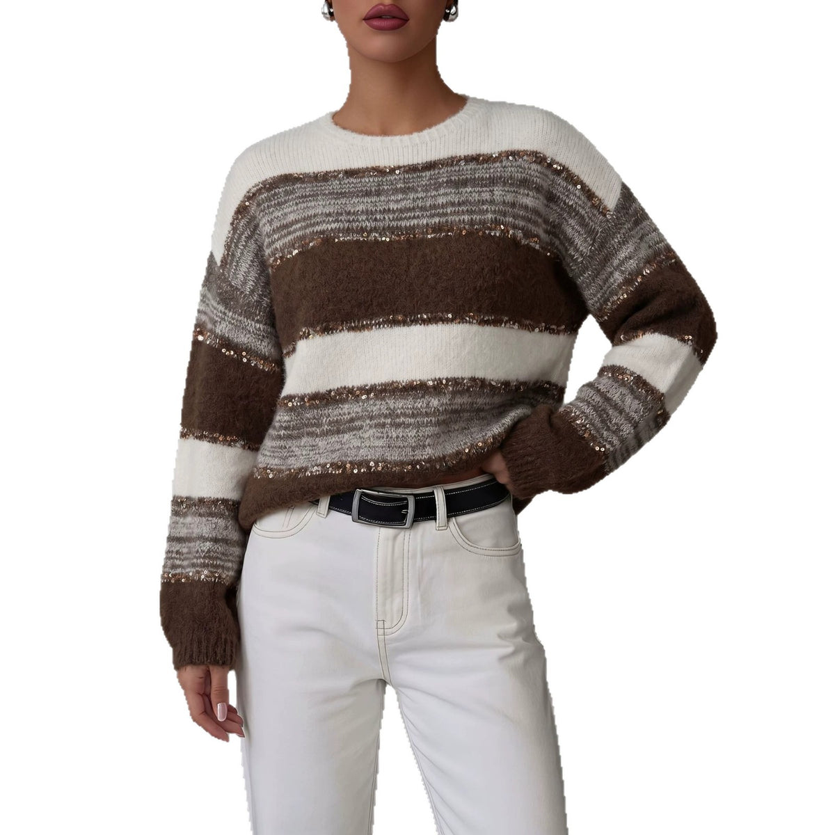 Crewneck Sweater for Women Autumn Winter Color-block Striped Soft Mohair Loose Knit Top