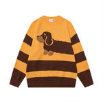 Color blocking striped cartoon dog round neck sweater